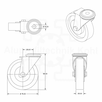 Lenkrolle Apparaterolle Durchmesser 75 mm mit Rückenloch 10.2 mm ohne Bef.