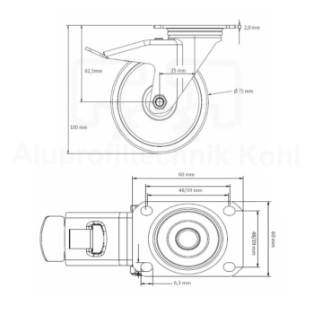 Lenkrolle Bockrolle Apparaterolle Durchmesser 75 mm mit Platte Serie LR11