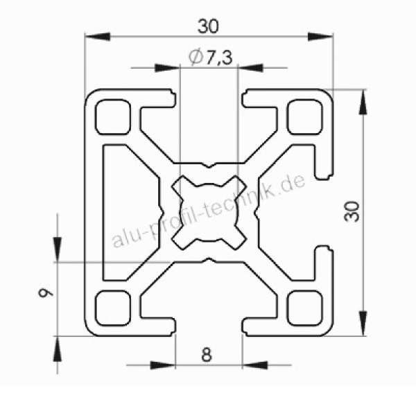 Aluprofil 30 x 30 Nut 8 3N Alu silber B - Raster im Zuschnitt 80 mm - 5900 mm