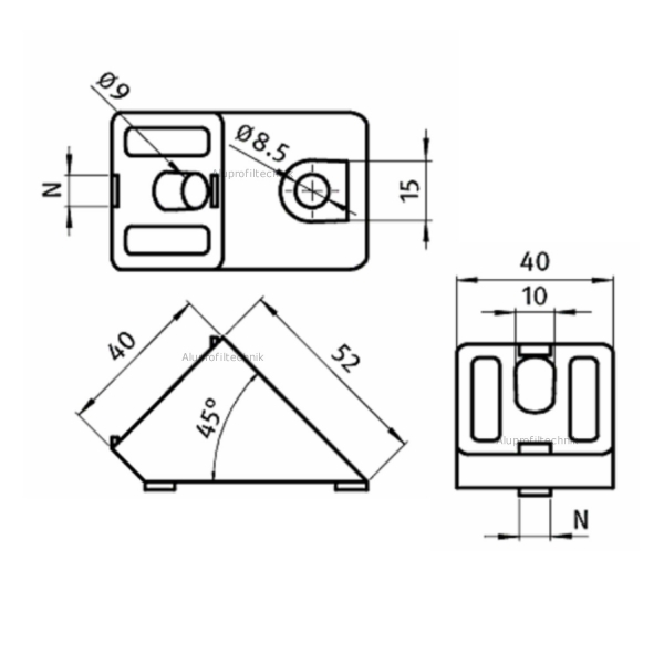 45° Verbinder Profil 40 Nut 8   mit Befestigung für 40 x 40 N 8