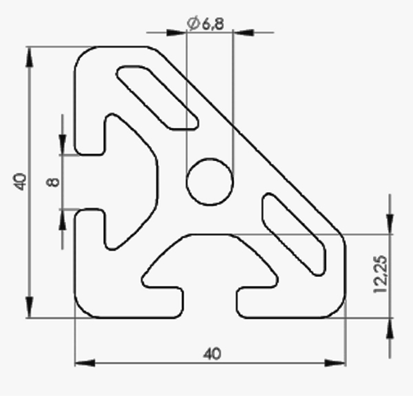 Alu Profil 40 - 45° Nut 8 Alu silber eloxiert im Zuschnitt 80 mm - 5900 mm lP40N8L/45°