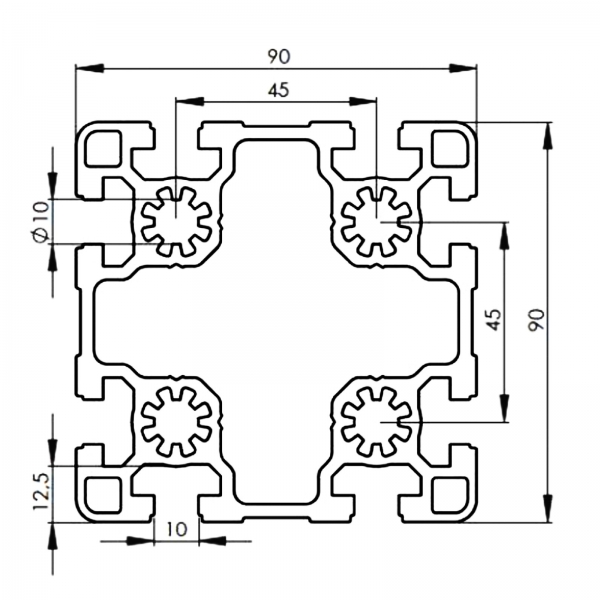 Profil 90 x 90 Leicht Nut 10 BP90x90N10L Alu silber im Zuschnitt 80 mm - 5900 mm Profil 90 x 90 Leicht Nut 10 BP90x90N10L Alu silber im Zuschnitt 80 mm - 5900 mm