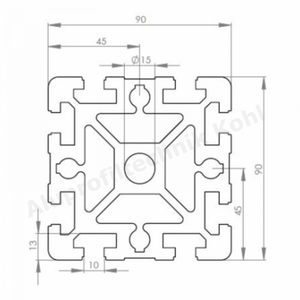 Profil 90 x 90 schwer Nut 10 BP90x90N10S Alu silber im Zuschnitt 80 mm - 5900 mm - Kopie