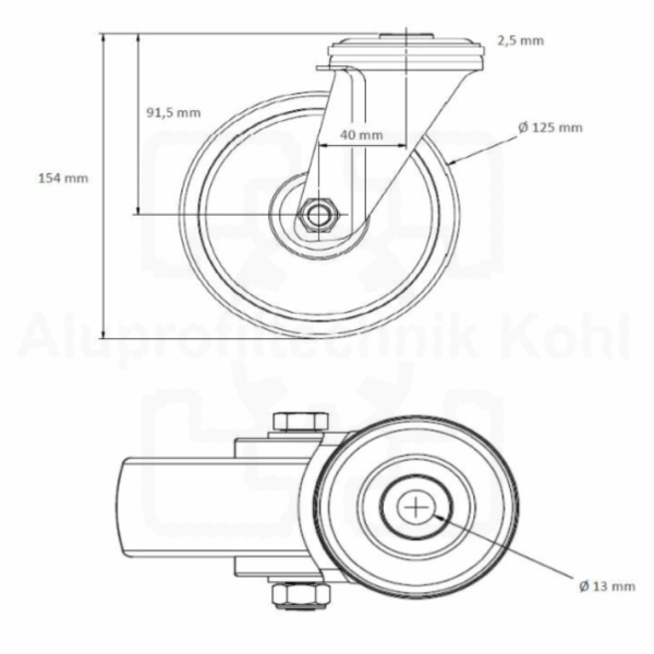 Lenkrolle 125 mm mit Rückenloch ohne Bremse Vollgummi auf Stahlfelge