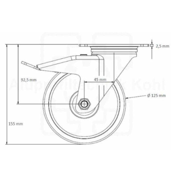 Lenkrolle 125 mm mit Platte und Bremse Vollgummi auf Stahlfelge