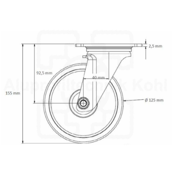 Lenkrolle 125 mm mit Platte ohne Bremse Vollgummi auf Stahlfelge
