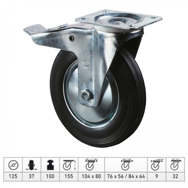 Lenkrolle Durchmesser 125 mm mit Platte und Bremse Vollgummi Reifen