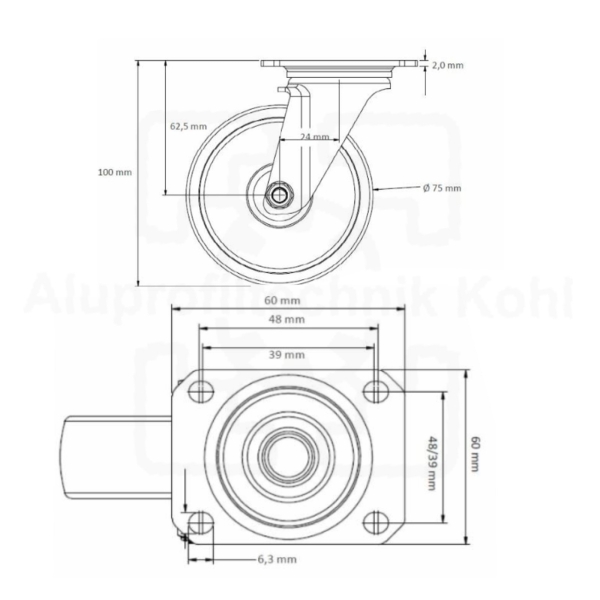 Lenkrolle Bockrolle Apparaterolle Durchmesser 75 mm mit Platte Serie LR11