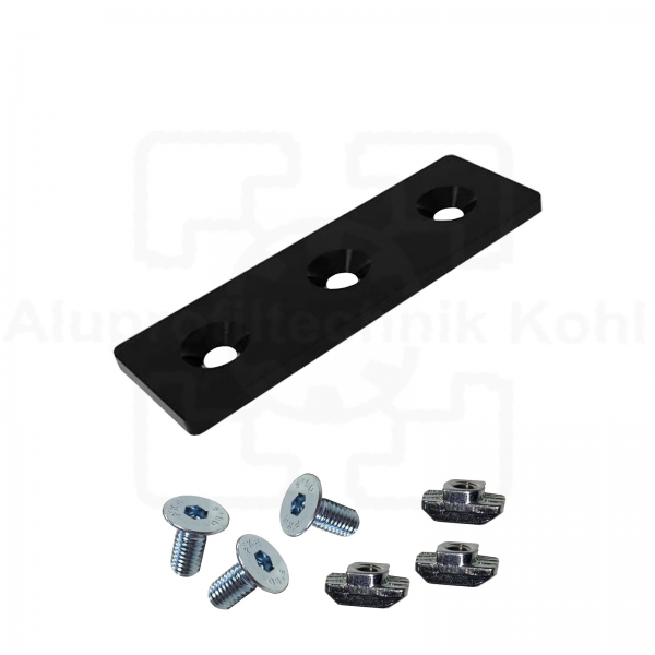 Verbindungsplatte 40 x 120 schwarz mit Befestigung für Aluprofil 40 Nut 10 BP40N10